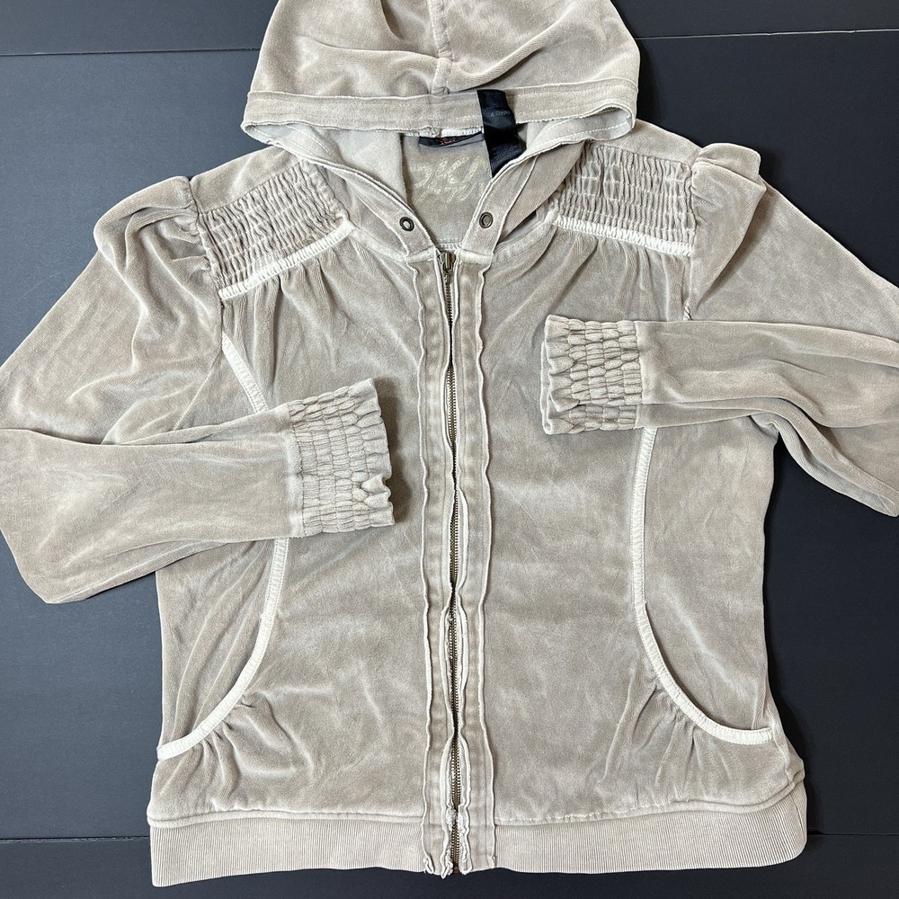 Vintage DKNY Active Velour Hoodie Women's XL Beige Fullzip‎ Ruffled Y2K